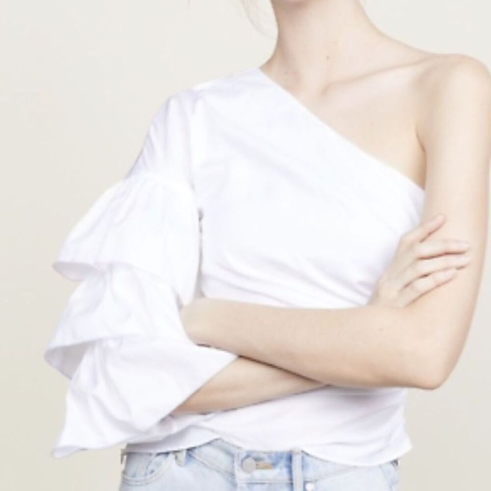 Petersyn Size Small One Shoulder Blouse Tiered Ruffle Sleeve White
